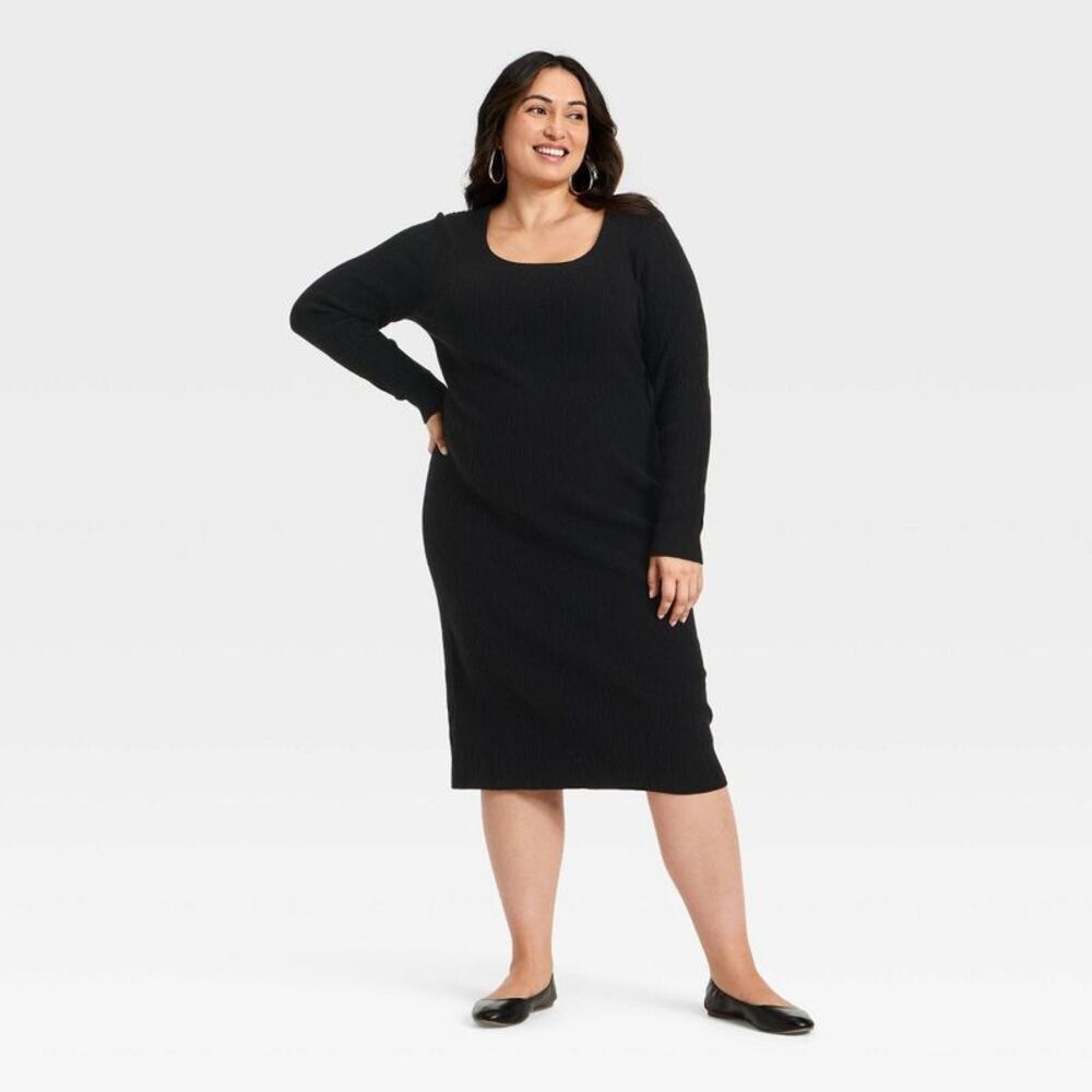 Women's Long Sleeve Textured Transitional Midi Sweater Dress - Black XXL
